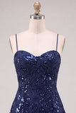 Lantejoulas azul-marinho A-Line Straps de alças finas Vestido curto de regresso a casa com renda nas costas
