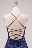 Lantejoulas azul-marinho A-Line Straps de alças finas Vestido curto de regresso a casa com renda nas costas