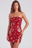 Vestido curto de regresso aos anos 80 vermelho cintilante de lantejoulas bodycon sem alças