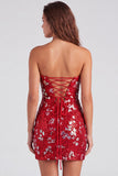 Vestido curto de regresso aos anos 80 vermelho cintilante de lantejoulas bodycon sem alças