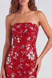 Vestido curto de regresso aos anos 80 vermelho cintilante de lantejoulas bodycon sem alças