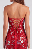 Vestido curto de regresso aos anos 80 vermelho cintilante de lantejoulas bodycon sem alças