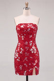 Vestido curto de regresso aos anos 80 vermelho cintilante de lantejoulas bodycon sem alças