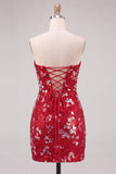 Vestido curto de regresso aos anos 80 vermelho cintilante de lantejoulas bodycon sem alças