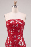 Vestido curto de regresso aos anos 80 vermelho cintilante de lantejoulas bodycon sem alças