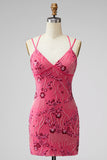 Vestido Curto de Regresso a Casa Fúcsia Bodycon Renda Encostada Floral com Lantejoulas
