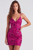 Vestido Curto de Regresso a Casa Fúcsia Bodycon Renda Encostada Floral com Lantejoulas