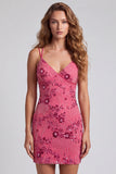 Vestido Curto de Regresso a Casa Fúcsia Bodycon Renda Encostada Floral com Lantejoulas