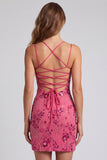 Vestido Curto de Regresso a Casa Fúcsia Bodycon Renda Encostada Floral com Lantejoulas