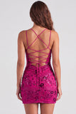Vestido Curto de Regresso a Casa Fúcsia Bodycon Renda Encostada Floral com Lantejoulas