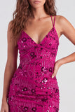 Vestido Curto de Regresso a Casa Fúcsia Bodycon Renda Encostada Floral com Lantejoulas
