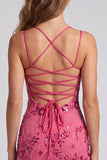 Vestido Curto de Regresso a Casa Fúcsia Bodycon Renda Encostada Floral com Lantejoulas