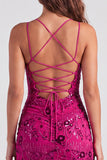 Vestido Curto de Regresso a Casa Fúcsia Bodycon Renda Encostada Floral com Lantejoulas