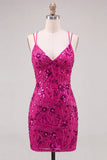 Vestido Curto de Regresso a Casa Fúcsia Bodycon Renda Encostada Floral com Lantejoulas