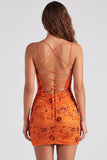 Vestido Curto de Regresso a Casa Fúcsia Bodycon Renda Encostada Floral com Lantejoulas