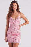 Vestido Curto de Regresso a Casa Fúcsia Bodycon Renda Encostada Floral com Lantejoulas