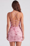 Vestido Curto de Regresso a Casa Fúcsia Bodycon Renda Encostada Floral com Lantejoulas