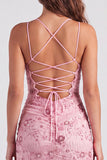 Vestido Curto de Regresso a Casa Fúcsia Bodycon Renda Encostada Floral com Lantejoulas