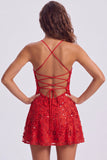 Lantejoulas vermelhas linha A Renda nas costas Tiras finas Vestido curto dos anos 80
