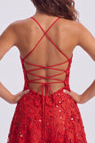 Lantejoulas vermelhas linha A Renda nas costas Tiras finas Vestido curto dos anos 80
