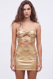Vestido de regresso a casa dos anos 80 Gold Bodycon Bodycon Keyhole Metalizado com Renda nas Costas