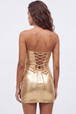 Vestido de regresso a casa dos anos 80 Gold Bodycon Bodycon Keyhole Metalizado com Renda nas Costas