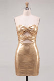Vestido de regresso a casa dos anos 80 Gold Bodycon Bodycon Keyhole Metalizado com Renda nas Costas