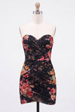 Vestido Curto de Regresso a Casa Curto Bodycon Floral Preto Sweetheart com Renda nas Costas