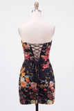 Vestido Curto de Regresso a Casa Curto Bodycon Floral Preto Sweetheart com Renda nas Costas