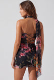 Vestido curto de regresso a casa, vestido corto bodycon floral em marfim sem alças, renda nas costas