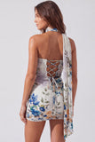 Vestido curto de regresso a casa, vestido corto bodycon floral em marfim sem alças, renda nas costas