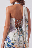 Vestido curto de regresso a casa, vestido corto bodycon floral em marfim sem alças, renda nas costas