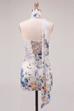 Vestido curto de regresso a casa, vestido corto bodycon floral em marfim sem alças, renda nas costas