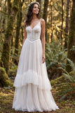 Vestido de Noiva Longo de Tiras Finas com Folhos em Marfim