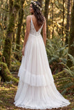 Vestido de Noiva Longo de Tiras Finas com Folhos em Marfim