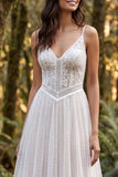 Vestido de Noiva Longo de Tiras Finas com Folhos em Marfim