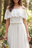 Vestido de Noiva em Tule Longo, linha A em marfim, ombro descoberto