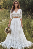 Vestido de Noiva Linha A de 2 peças, decote em V, renda longa, com mangas meias,