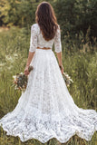 Vestido de Noiva Linha A de 2 peças, decote em V, renda longa, com mangas meias,