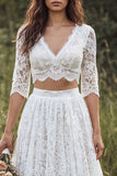 Vestido de Noiva Linha A de 2 peças, decote em V, renda longa, com mangas meias,