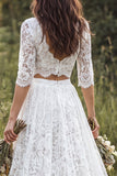 Vestido de Noiva Linha A de 2 peças, decote em V, renda longa, com mangas meias,