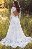 Vestido de noiva longo em renda em linha A, decote em V, com mangas compridas