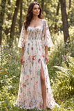 Vestido de noiva longo Corset Floral Transparente em Marfim A-Line com Fenda