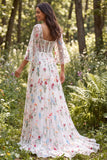 Vestido de noiva longo Corset Floral Transparente em Marfim A-Line com Fenda