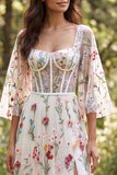 Vestido de noiva longo Corset Floral Transparente em Marfim A-Line com Fenda
