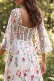 Vestido de noiva longo Corset Floral Transparente em Marfim A-Line com Fenda