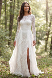 Vestido de Noiva de Manga Longa com Folhos em Marfim em Renda e Fenda