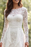 Vestido de Noiva de Manga Longa com Folhos em Marfim em Renda e Fenda