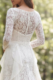 Vestido de Noiva de Manga Longa com Folhos em Marfim em Renda e Fenda