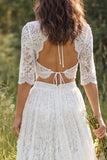 Vestido de noiva longo de renda em renda, decote em V, manga meia, com fenda